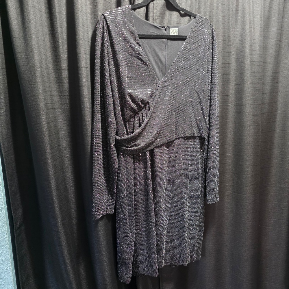 Worthington Womens Black Sequin Long Sleeve V-Neck Faux Wrap Cocktail Dress L/XL